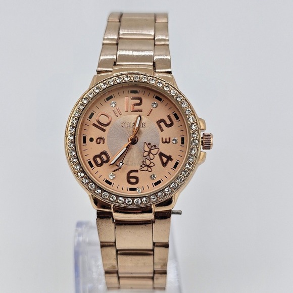 30MM Women's Watch Gold Dial Crystal‎ Bezel Gold Bracelet Band 6.5" New Battery - Picture 2 of 14